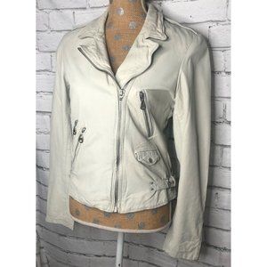 DOMA White Leather Motorcycle Fitted Moto Jacket Wire Collar Women's Size L
